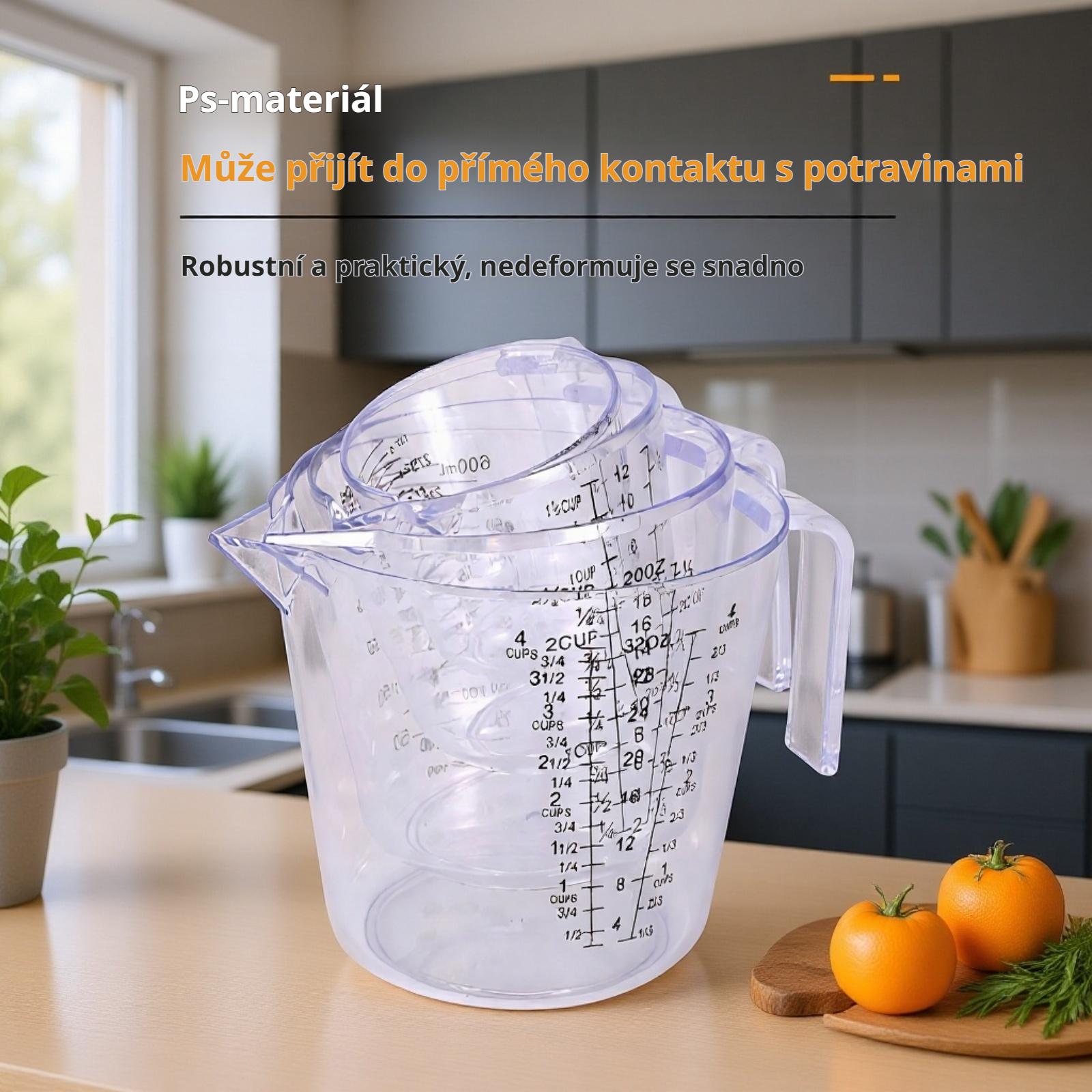 Průhledný plastový odměrný pohárek s měřítkem