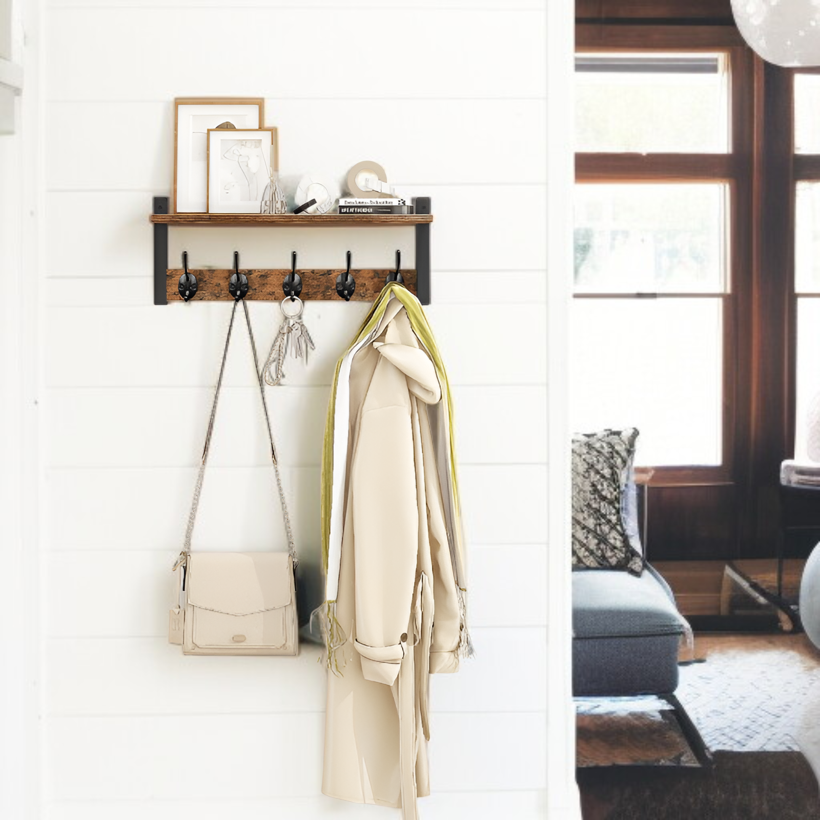 Perchero de pared de madera para llaves y objetos decorativos del salón