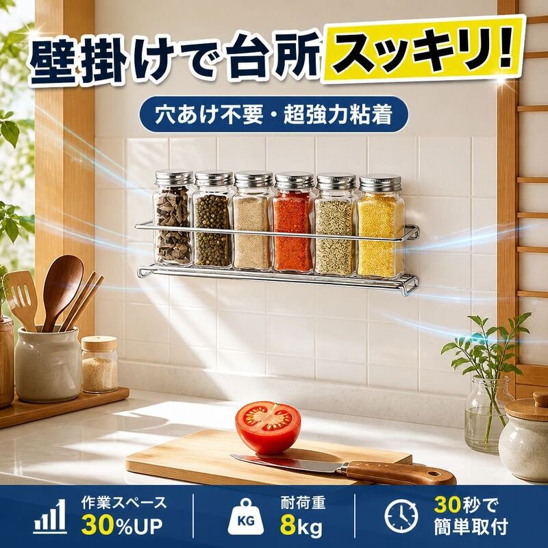 錬鉄製多層式壁掛け調味料ボトルラック（穴あけ不要）