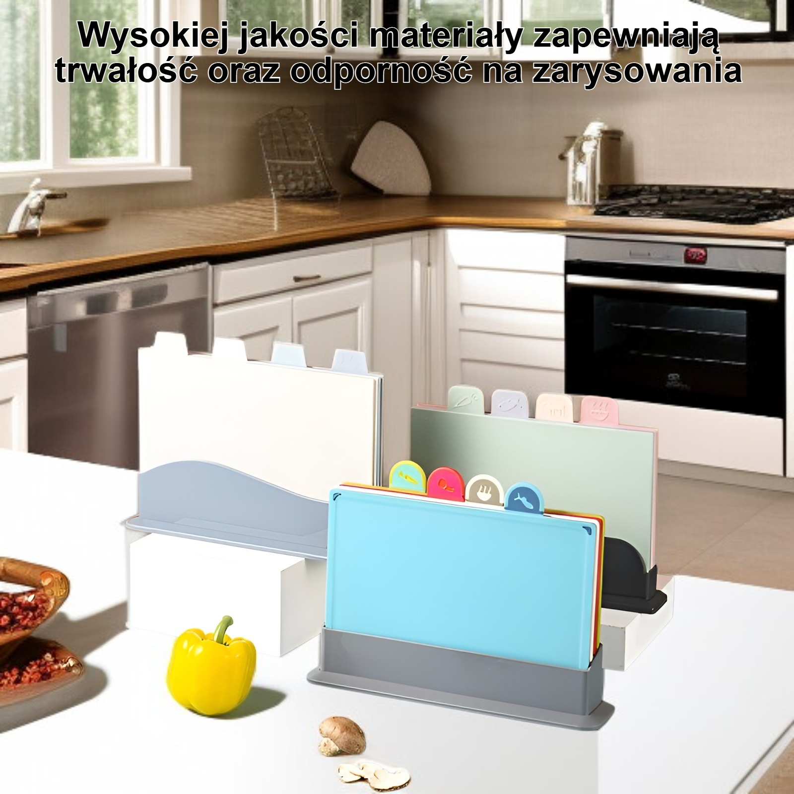 Kategoryzowane deski do krojenia w różnych kolorach