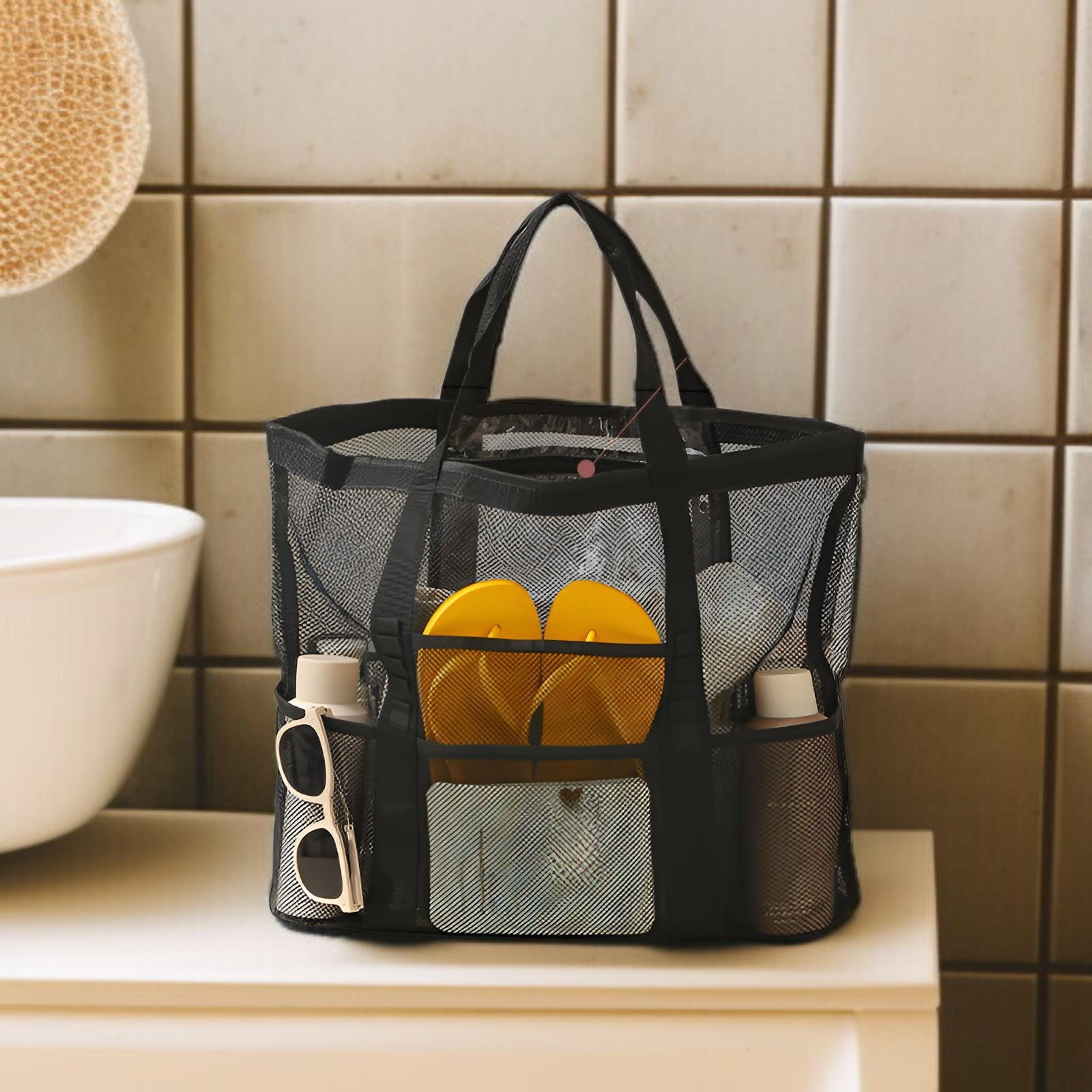 Strandtasche im neuen Stil, große Kapazität, Aufbewahrungstasche aus Netzgewebe für Reiseutensilien,