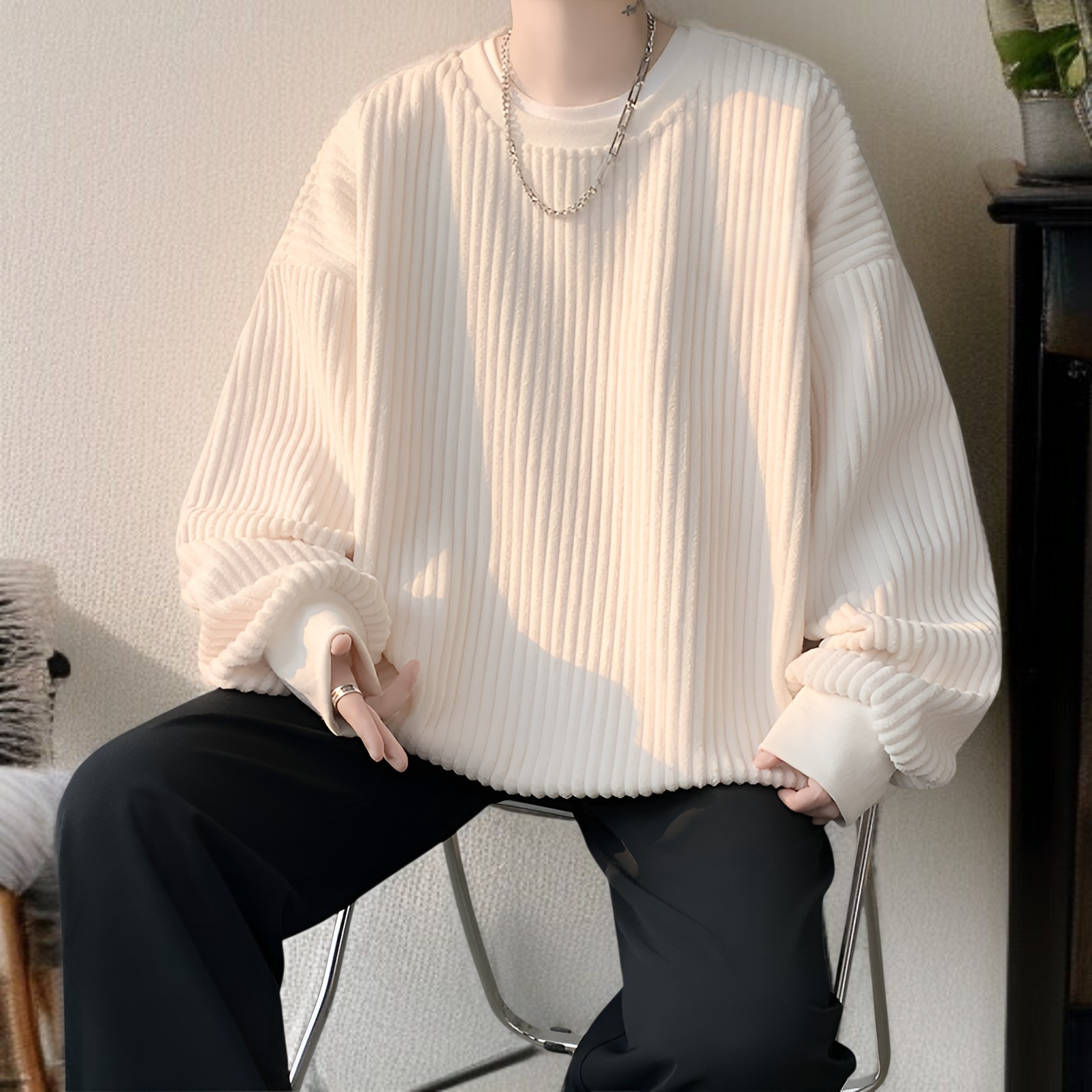 新しいメンズカジュアルスウェットシャツ 和風コーデュロイ ラウンドネック スウェットシャツ プラスベルベット 厚手スウェットシャツ メンズジャケット