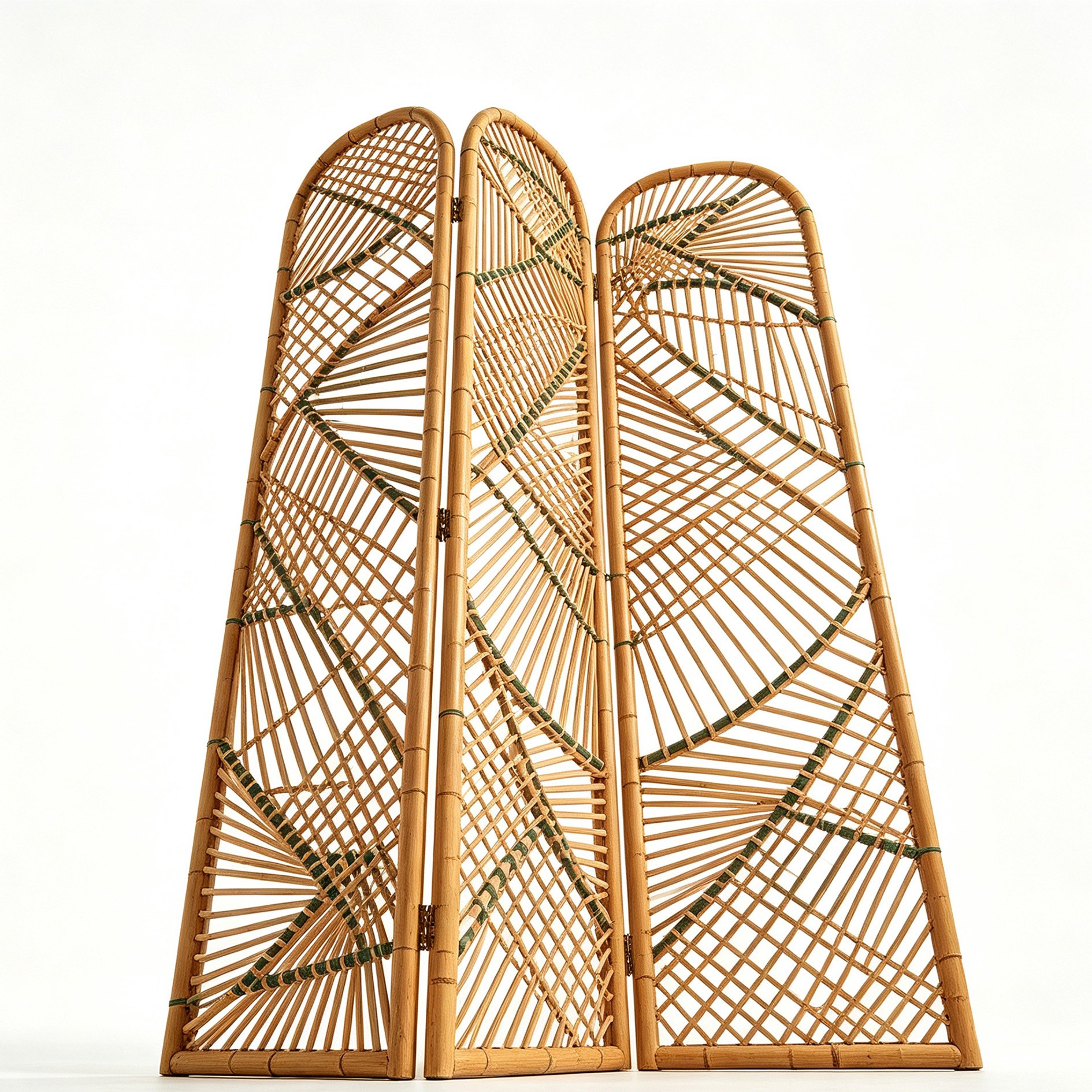 Bamboo-patterned rattan screen standing in a living room