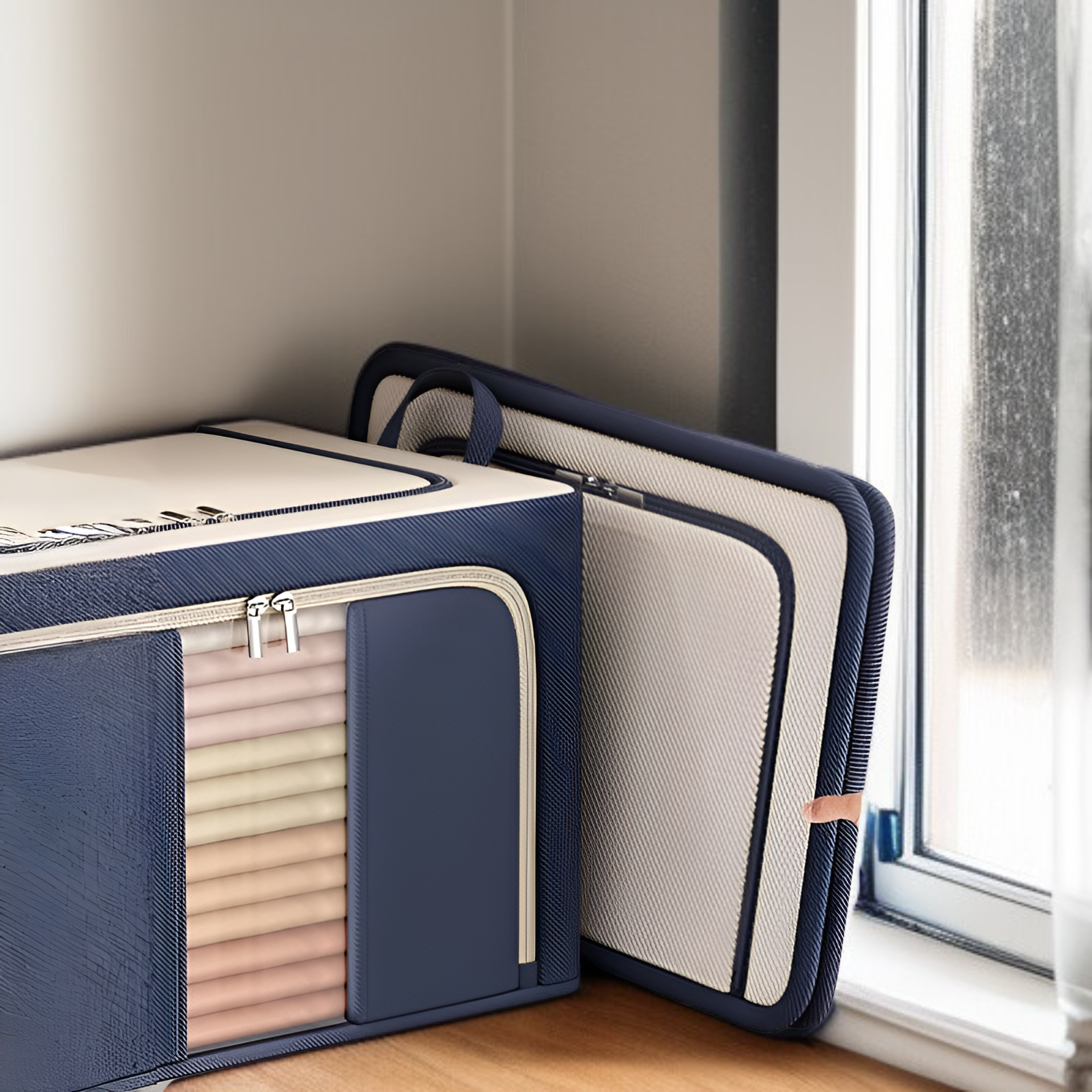 収納ボックス 折りたたみ 衣装ケース 【天面・前面・側面 3方向開閉】 鉄骨フレーム スタッキング 布団収納ケース 衣類 整頓ボックス 中身が見える窓付き 大容量 防塵 防湿 耐荷重 66L/100L