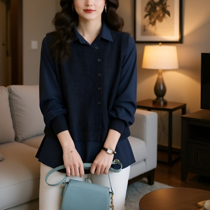 가을 여성 스웨터 페이크 투피스 고급스러운 스타일