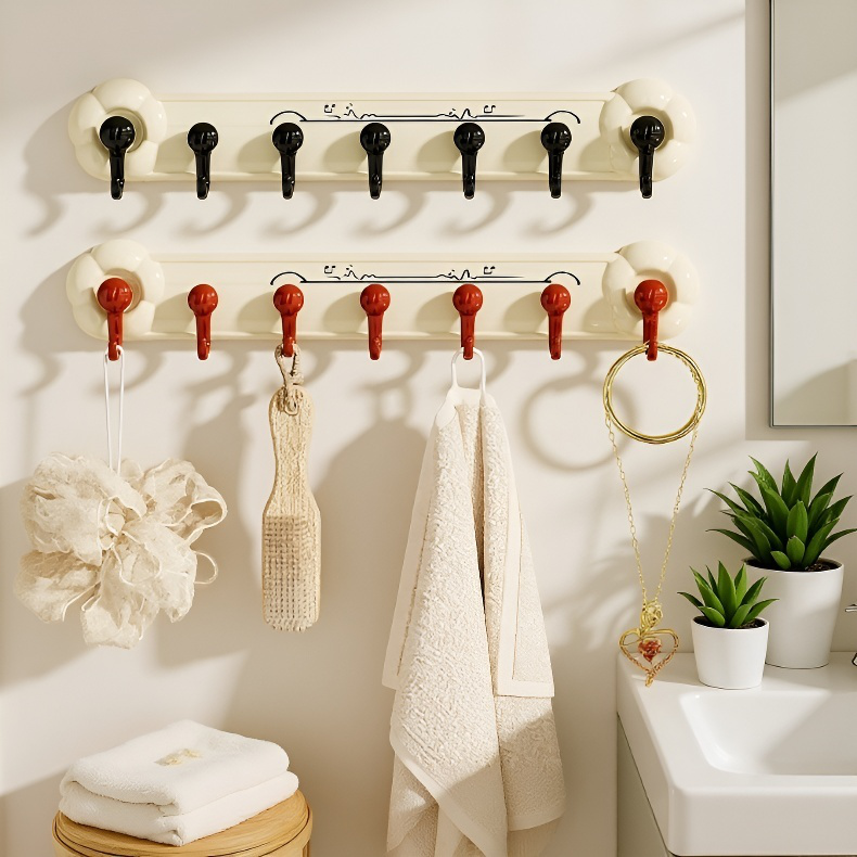Gancho de pared fuerte para baño, con ventosa y sin perforación, diseño de flores en fila