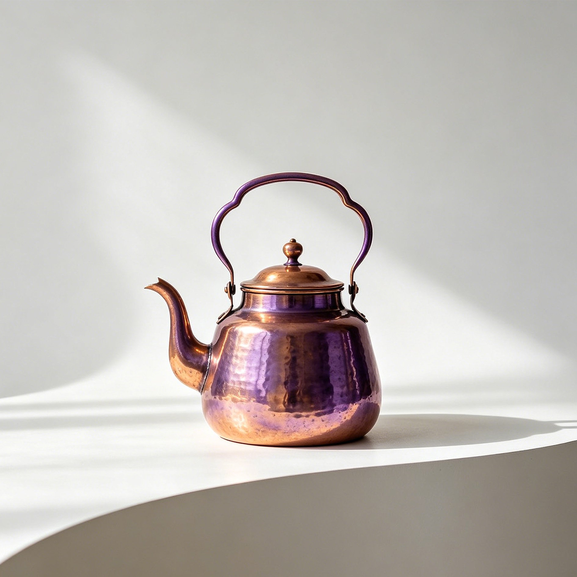 Close-up of copper kettle spout and lid design