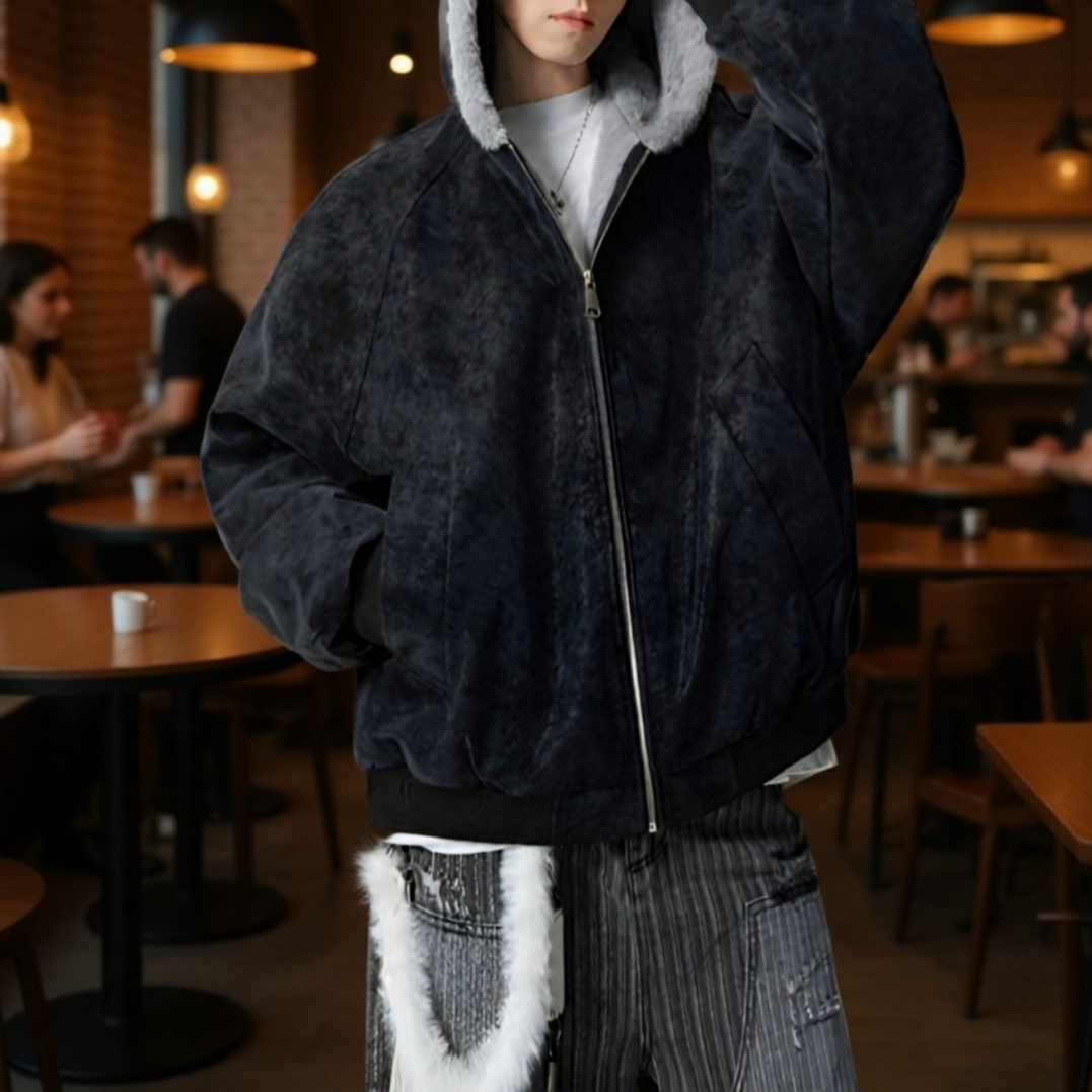 アメリカンスタイルのフリース裏地付きフード付き PU レザージャケット、防風、防寒、メンズ冬用ゆったりコットンパッド入りコート、高級感、厚手で暖かいアウターウェア。