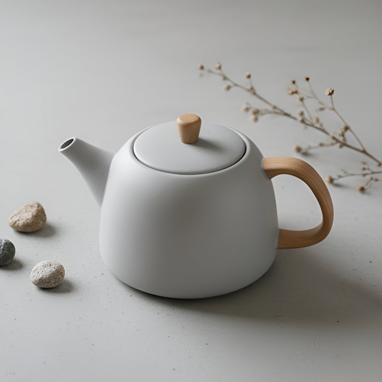 Detail šedé keramické konvice na čaj