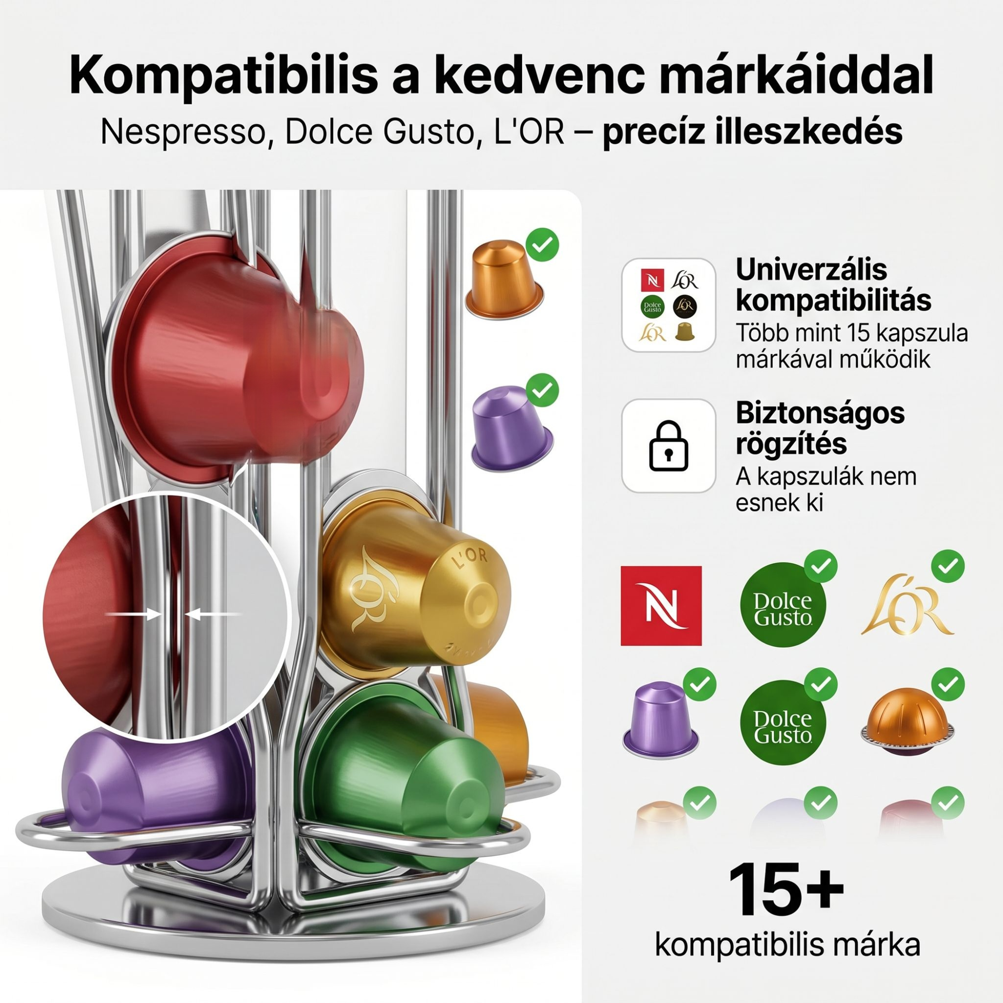 Multifunkciós kávékapszula tartó, forgatható fém állvány pultokra