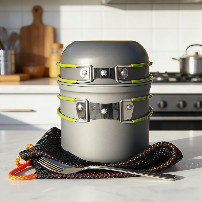 Kültéri hordozható főzőkészlet 12 fő részére edényekkel és evőeszközökkel