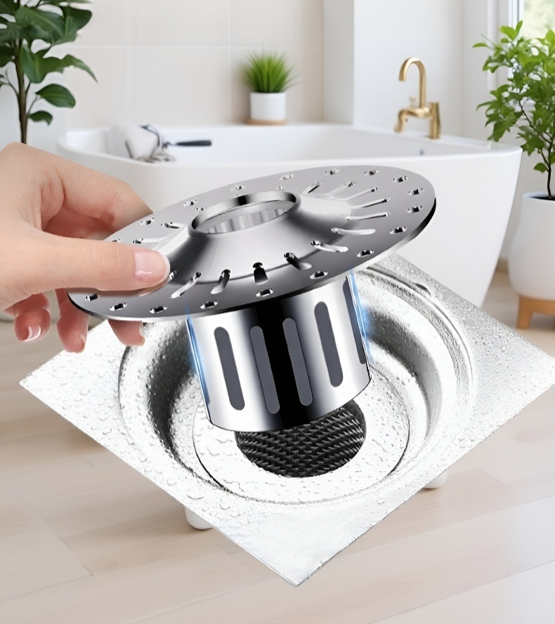 욕실 바닥에 설치된 스테인리스 배수구 코어