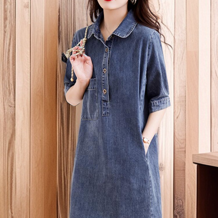 가랑이 데님 원피스 미디 스커트 빅사이즈 루즈 원피스 기질 셔츠 빈티지 원피스