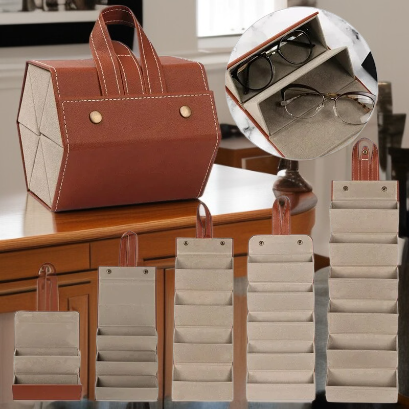  Caja de almacenamiento plegable de cuero para gafas con múltiples compartimentos