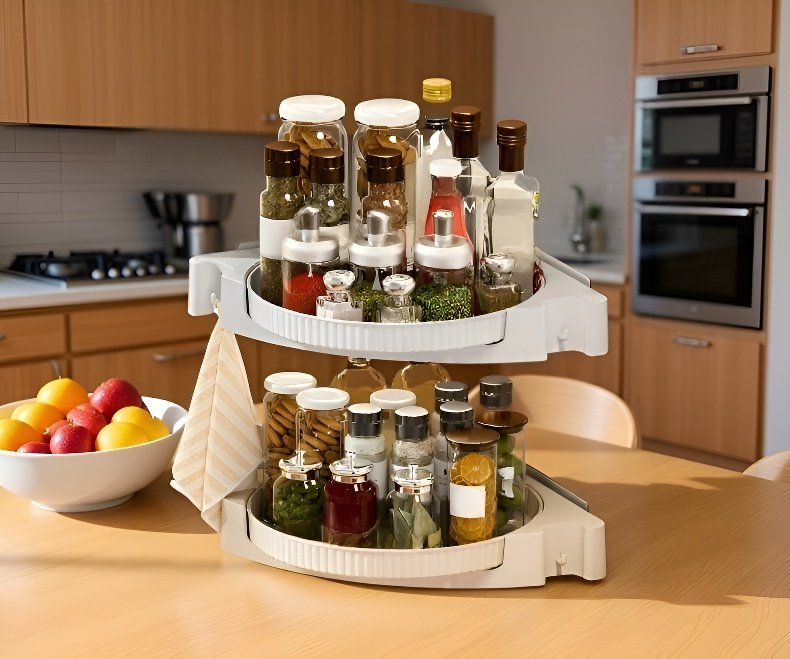 여러 개의 양념통을 정리한 선반 이미지
