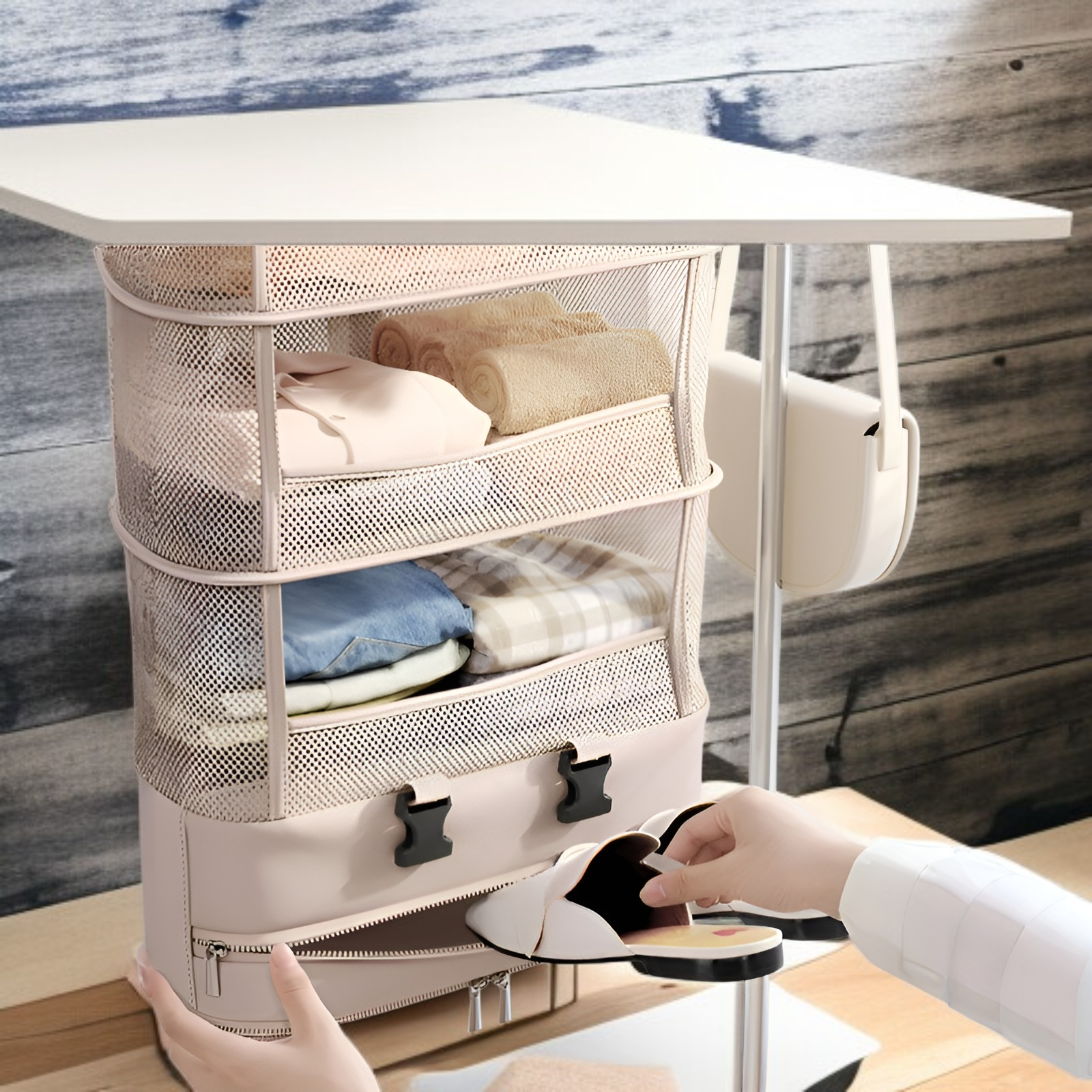 Travel storage bag hanging in hotel bathroom