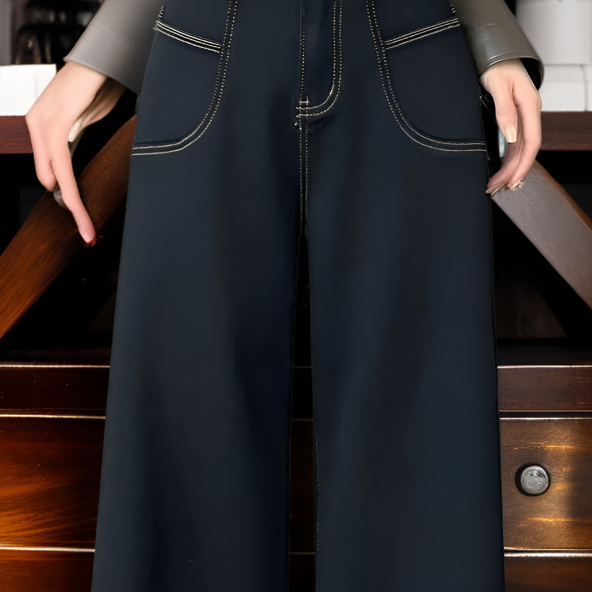 여성 개더 하이 웨스트 와이드 데님