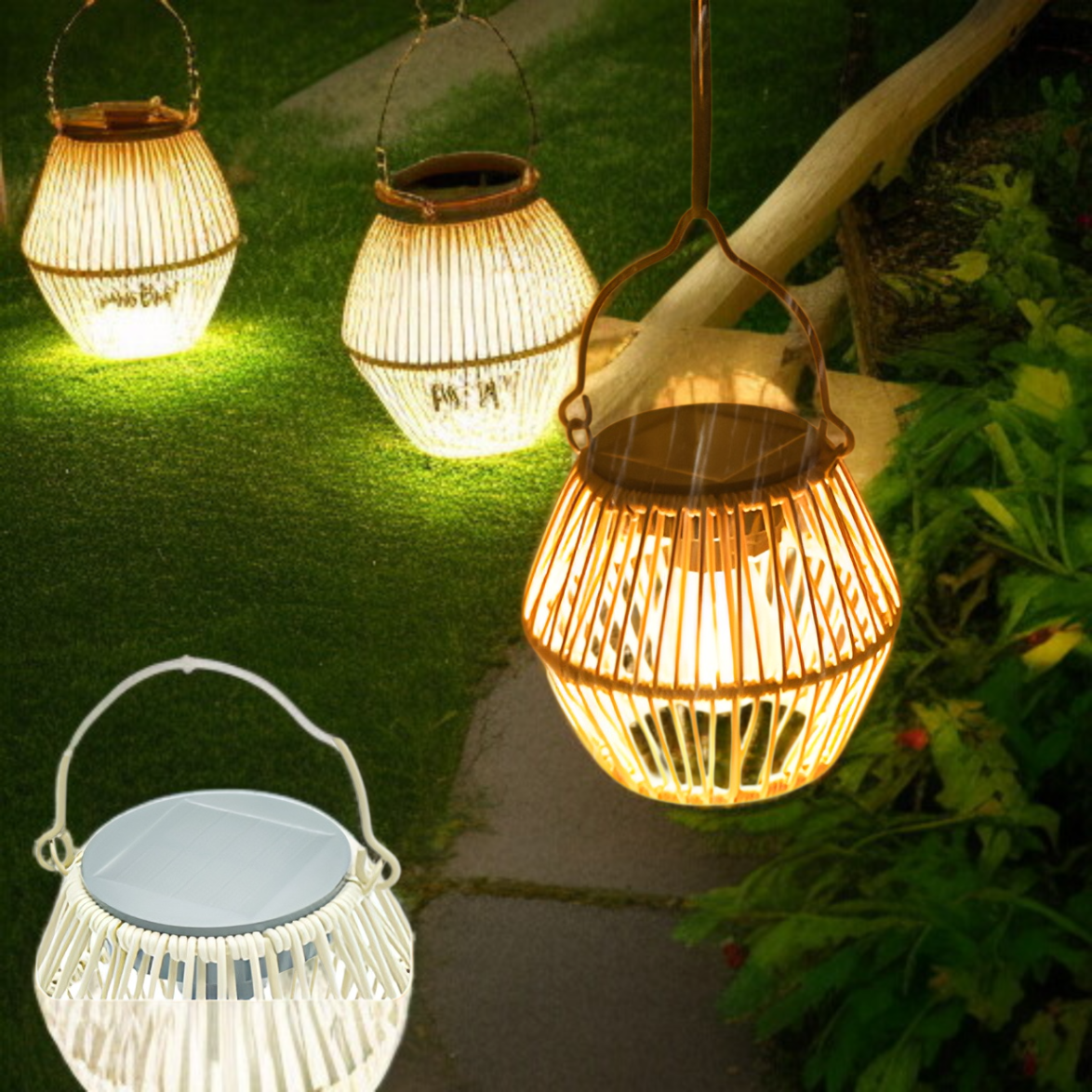 竹編みソーラー庭園ランタン 手提げランタン 田園風防水アウトドアテーブルランプ 吊り下げ装飾灯