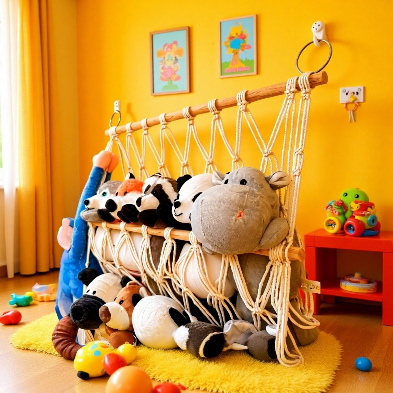 Wisząca siatka na zabawki z czterema drewnianymi poziomami 