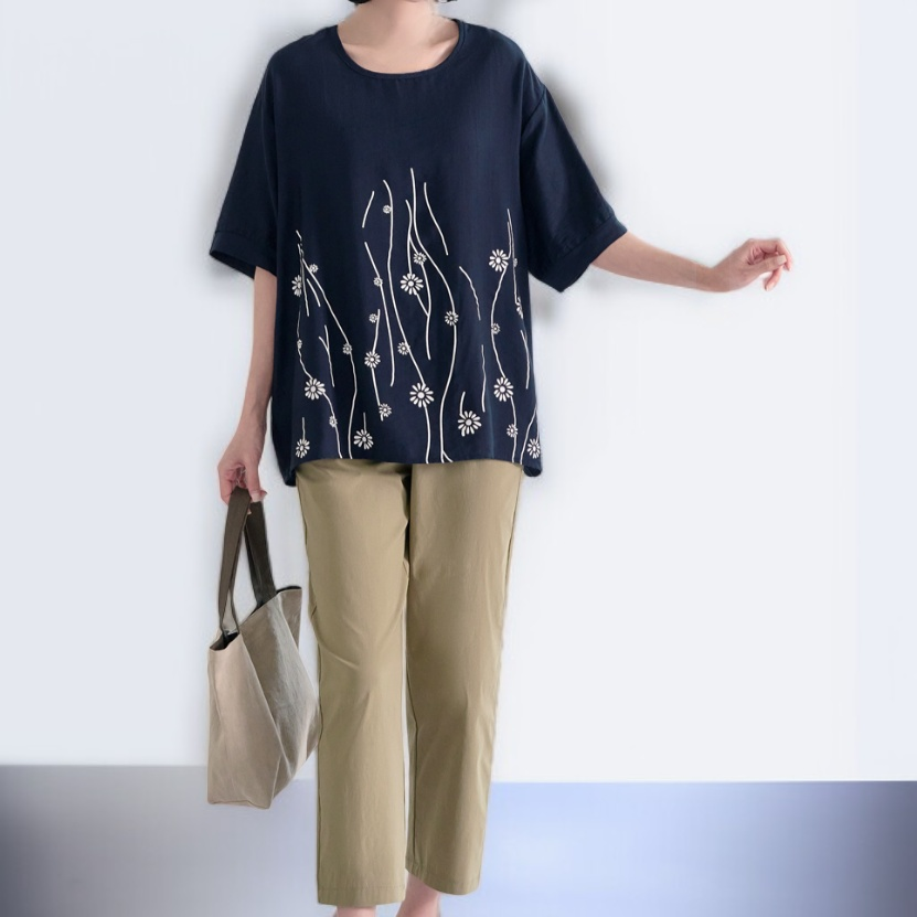 レディースカジュアルルーズコットンリネンTシャツ