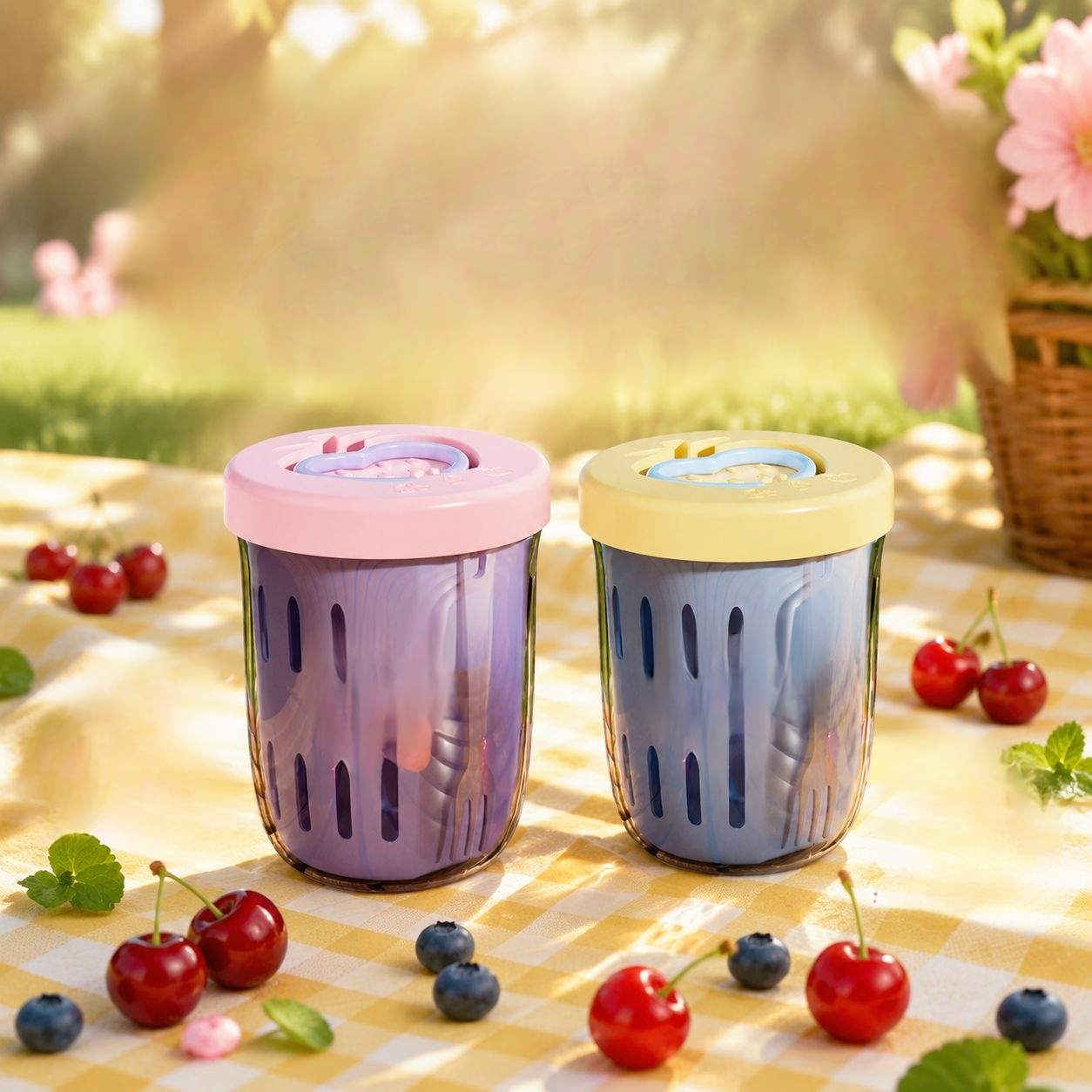 Vaso de ensalada de frutas con colador, portátil y con cuchara, diseño atractivo