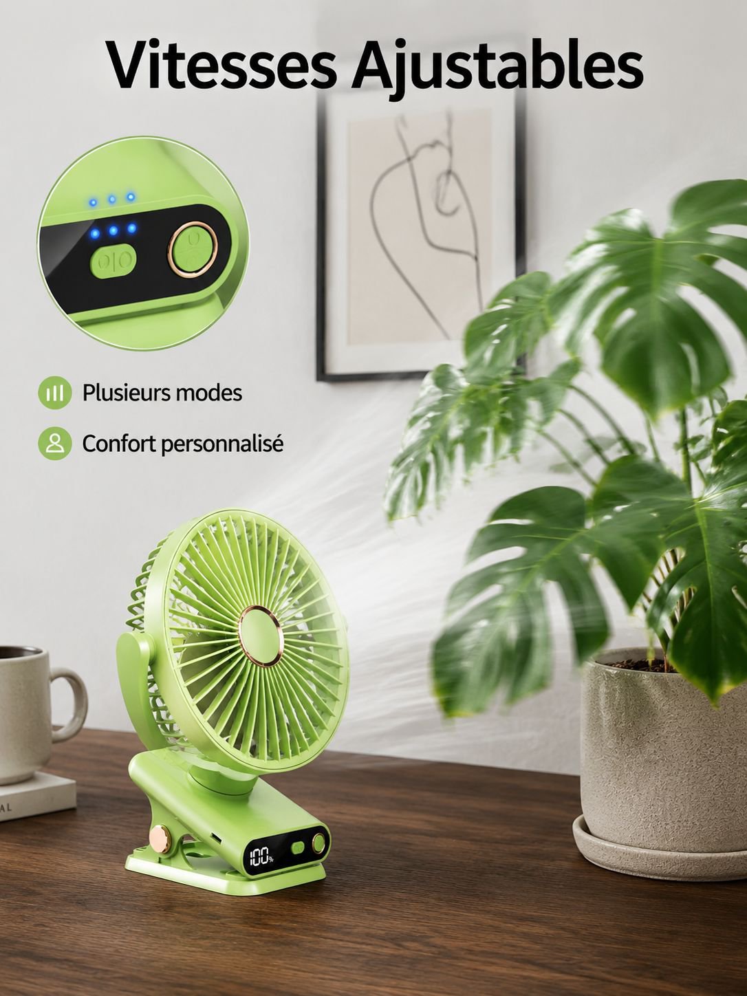 Ventilateur de bureau à pince, oscillant automatique