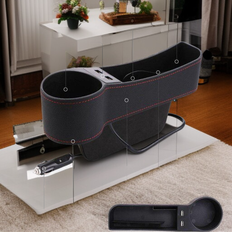 Wielofunkcyjny samochodowy organizer z ładowaniem USB i miejscem na kubek