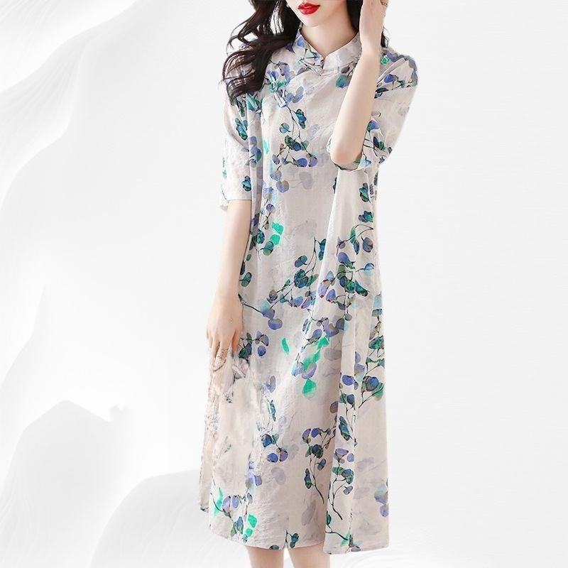 เดรสสไตล์จีนใหม่ ผ้าฝ้ายผ้าลินิน คอจีนติดกระดุม ลายดอกไม้ แขนสั้น ใส่สบายในฤดูร้อน