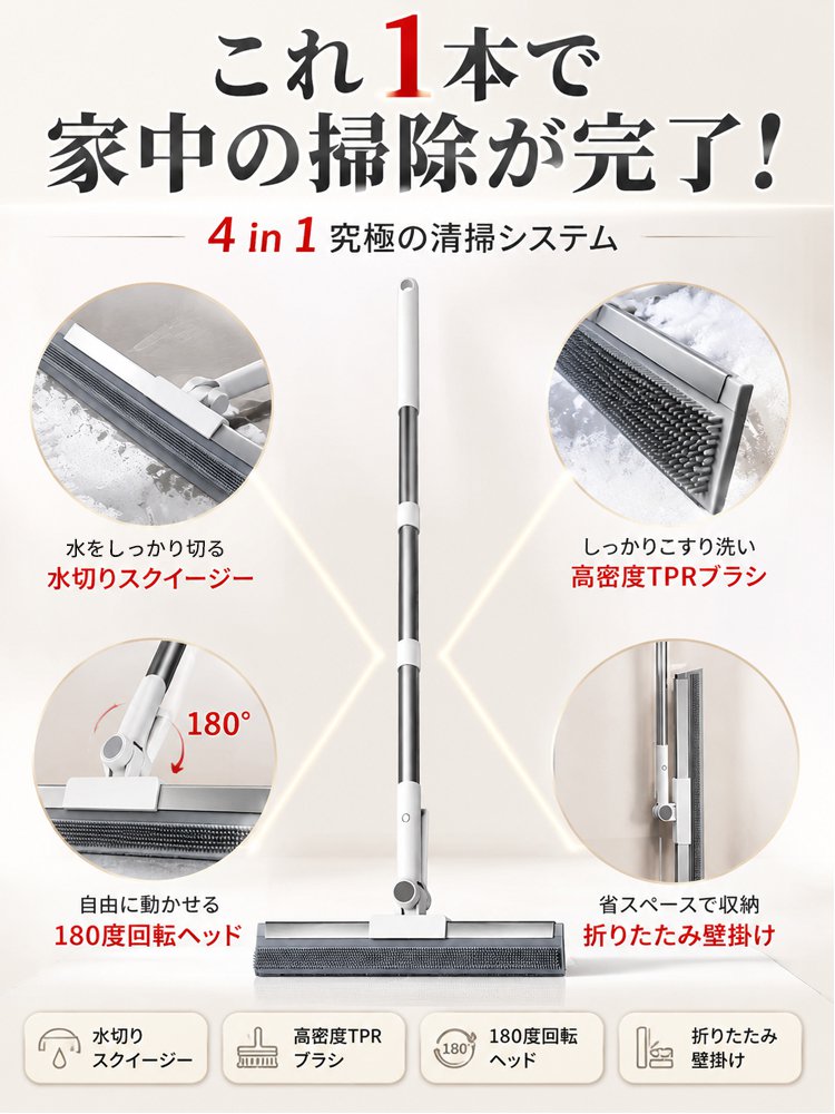 【替えヘッド付き】水切り対応多機能ゴムほうき