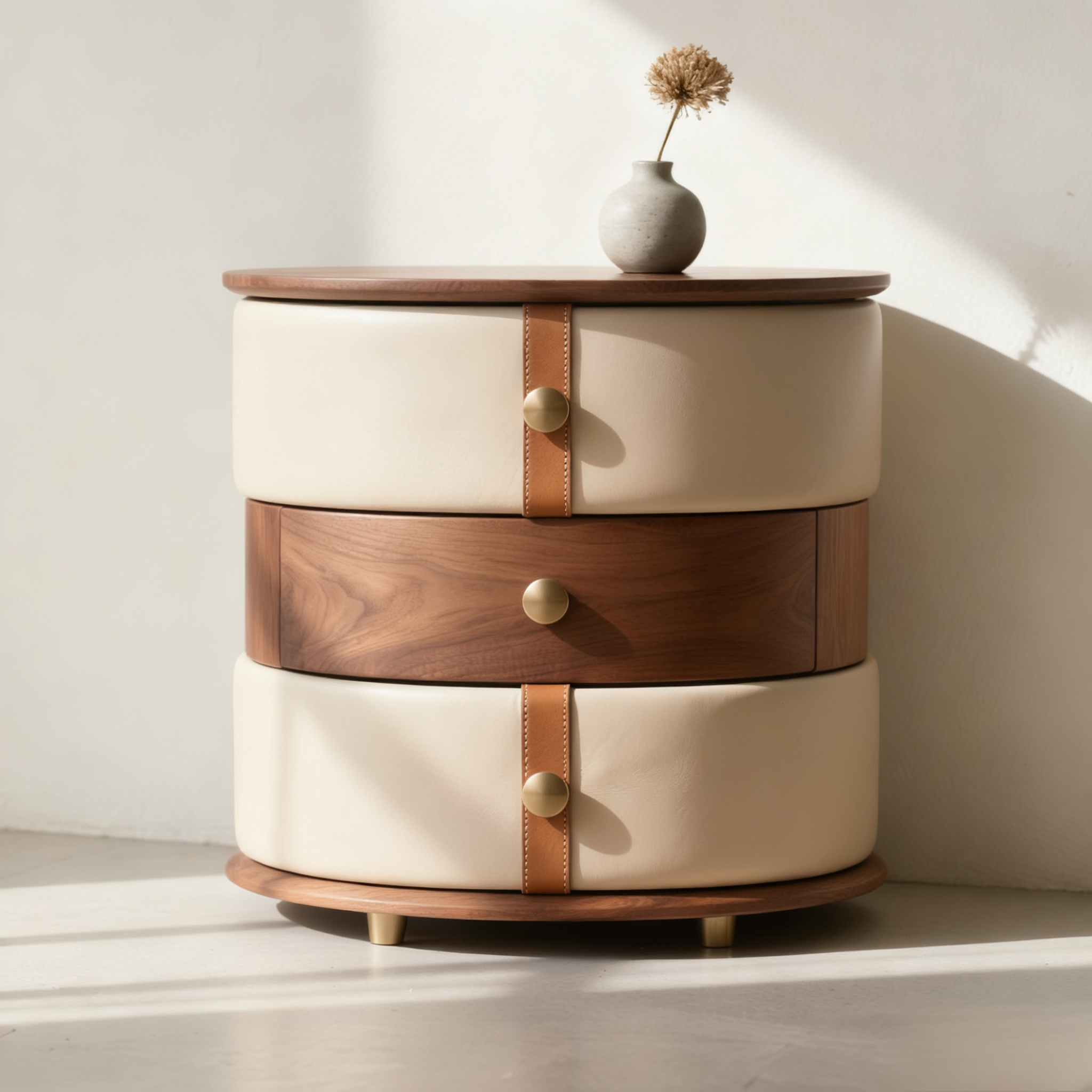 가죽과 나무 원형 서랍장
