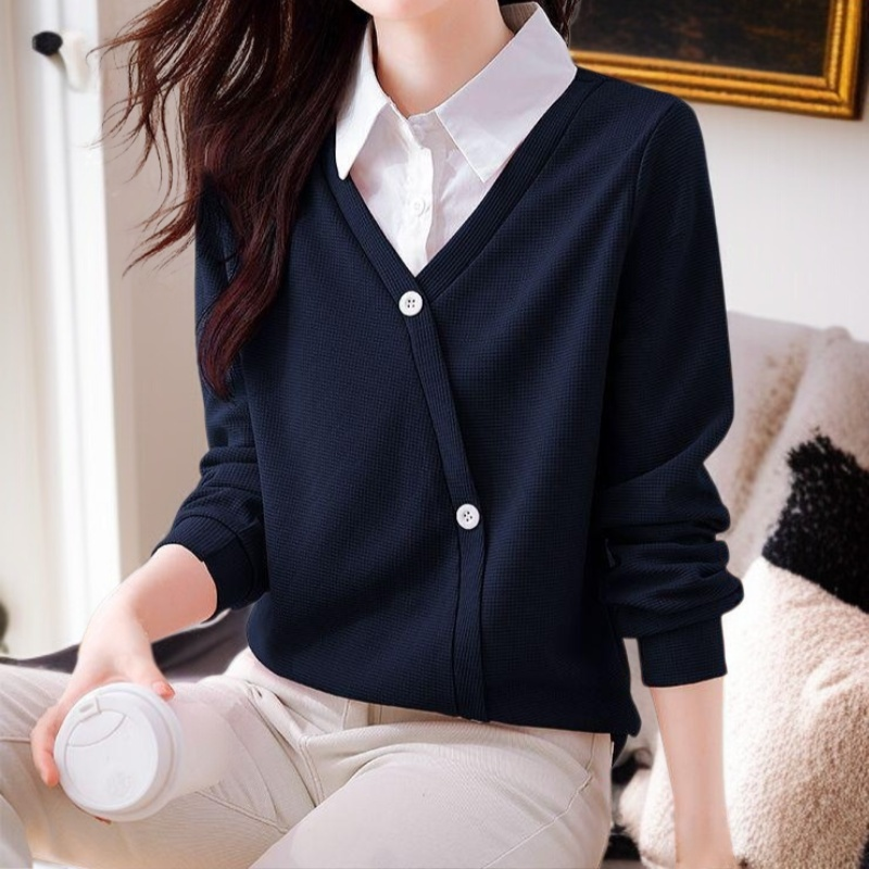 여성 셔츠 터틀넥 접합 와프거 긴팔 가짜 긴팔 두 벌