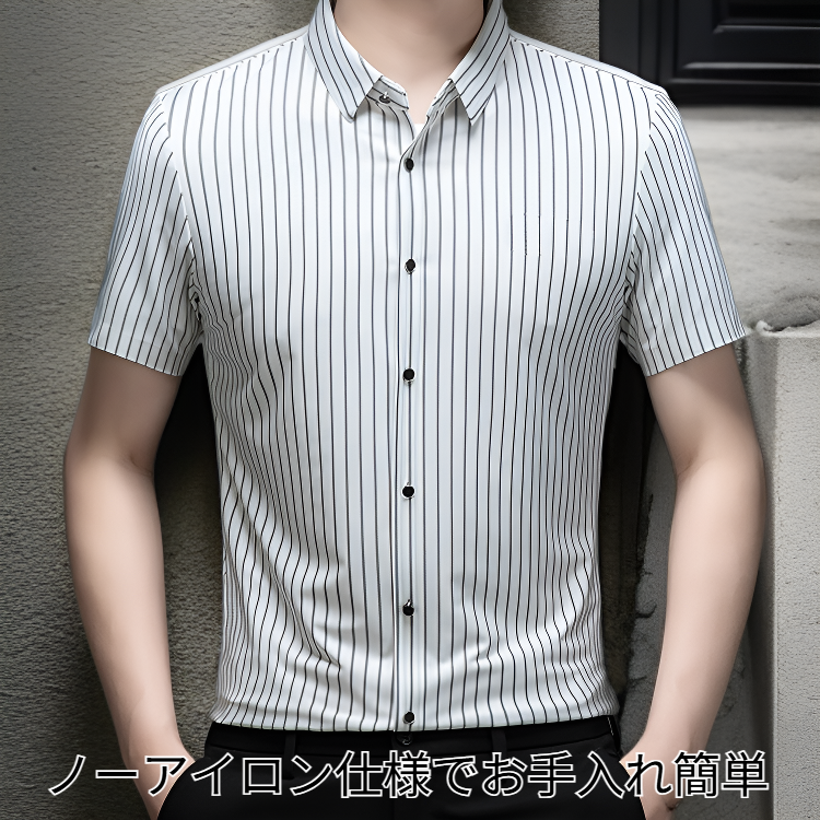 ファッション多用途 中年男性用ストライプ半袖ノーアイロンシャツ 夏用 父親トップス