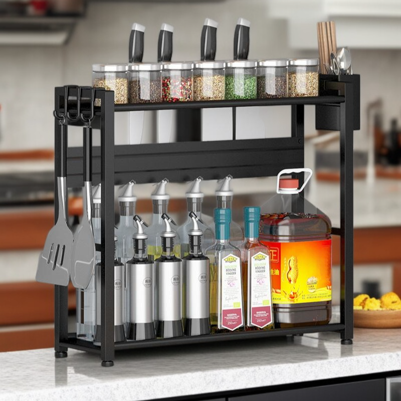  多機能キッチン収納ラック ステンレス製 調味料収納用 ブラック
