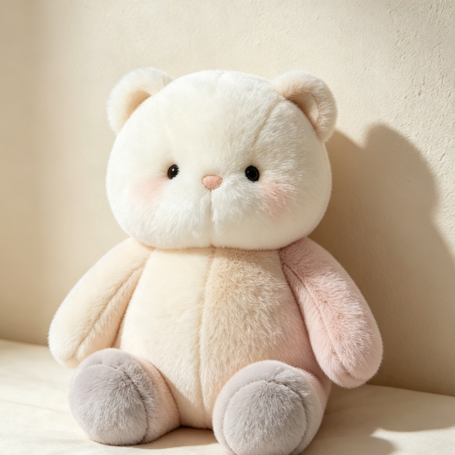 Soft and cuddly color-blocked teddy bear sitting on a bed