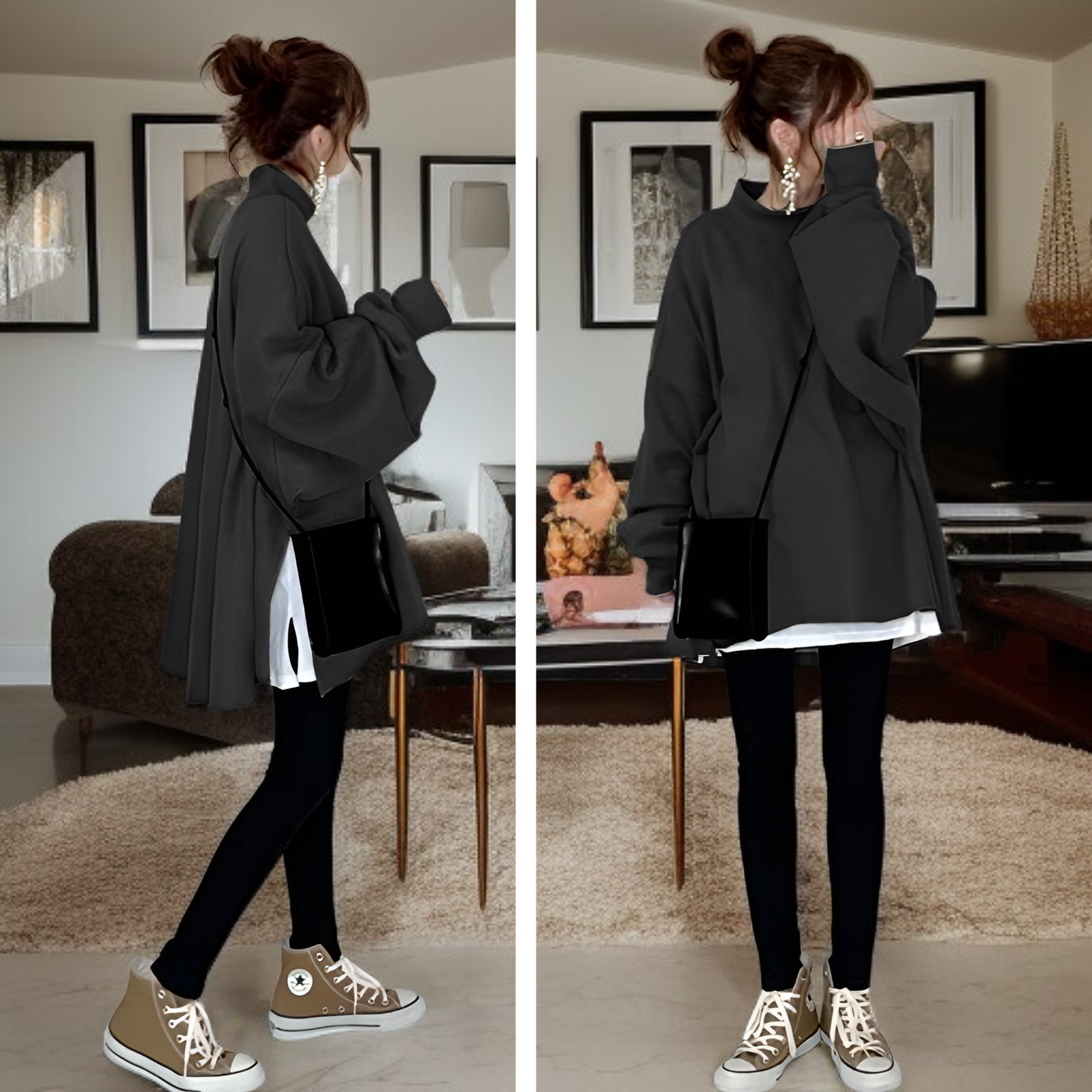 秋冬新作文芸風フェイクレイヤード無地プルオーバースウェット レディース