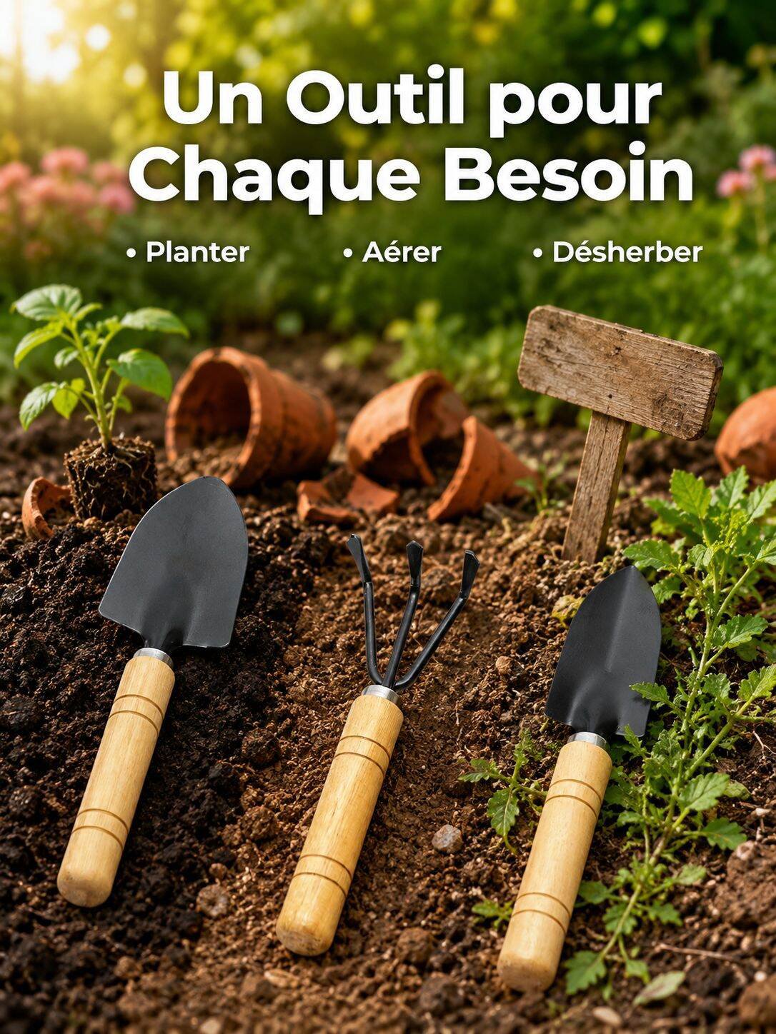 Ensemble de 3 outils de jardinage : désherbage et plantation