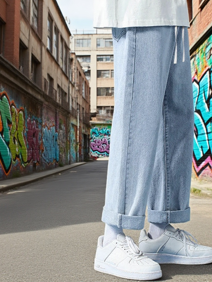 남성용 베이직 와이드 데님 팬츠 9부