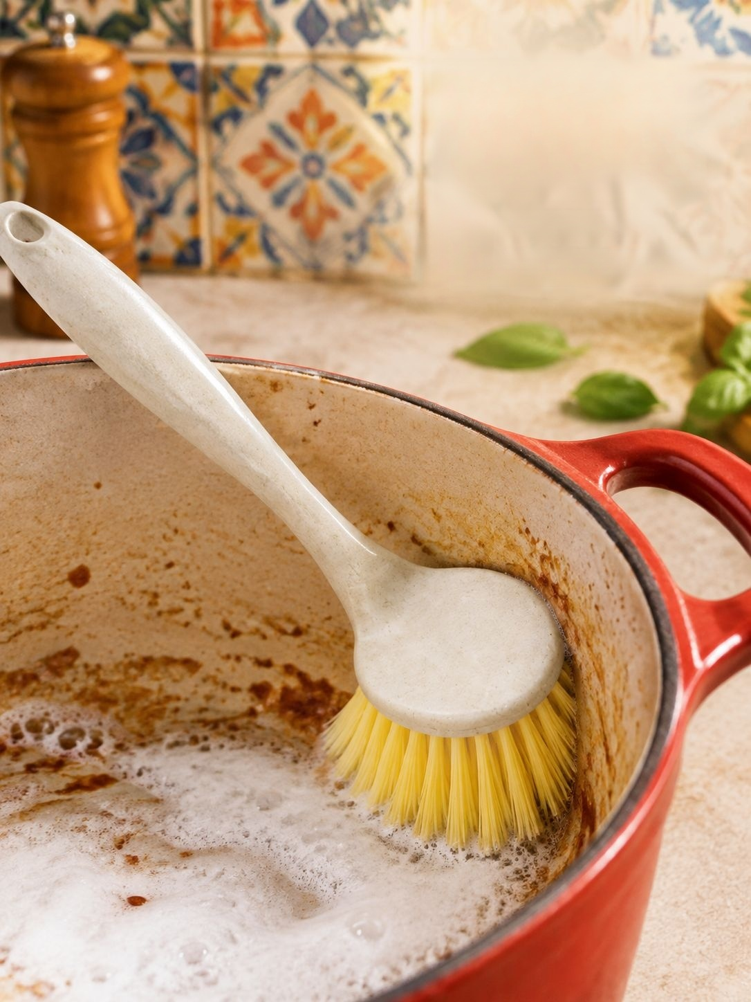 Cocina de paja de trigo mango largo olla cepillo de lavado cepillo de limpieza lavavajillas no hace 