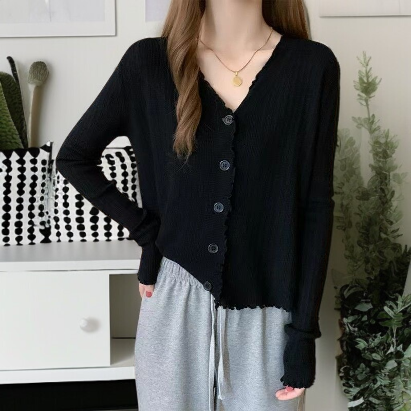 レディース ニット カーディガン ジャケット Vネック 長袖 トップス ニット カーディガン ジャケット レディース 木耳 エッジ スリム 大きいサイズ 長袖 トップス