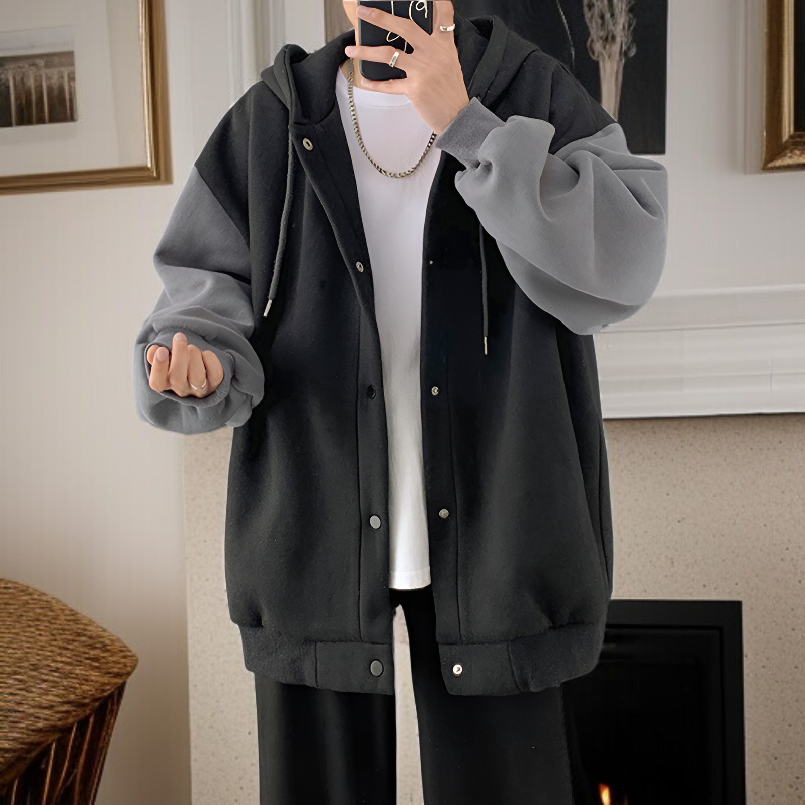 香港スタイルの秋と冬の男性用カジュアルカーディガンジャケット、ベルベットと厚みのあるトレンディなスプライシングスウェットシャツ、ルーズフード付きスウェットシャツ、カップル着用