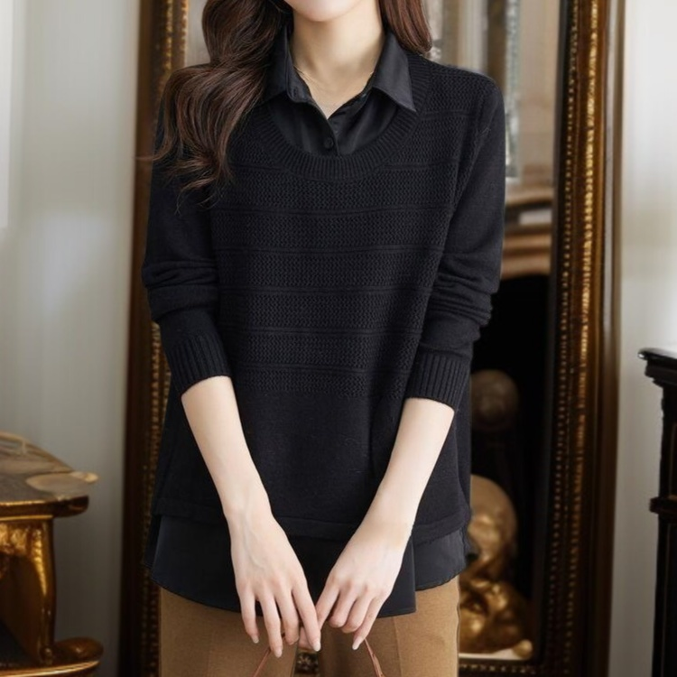 女士假兩件針織襯衫毛衣