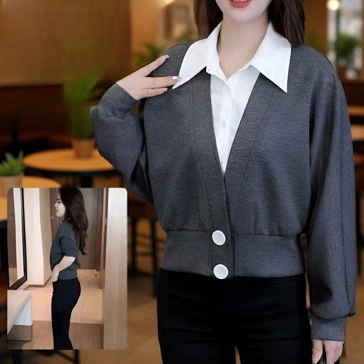 여성 차이나 기질 감령 셔츠 가짜 투피스 레드 상의 그레이 슬림 봄가을 셔츠