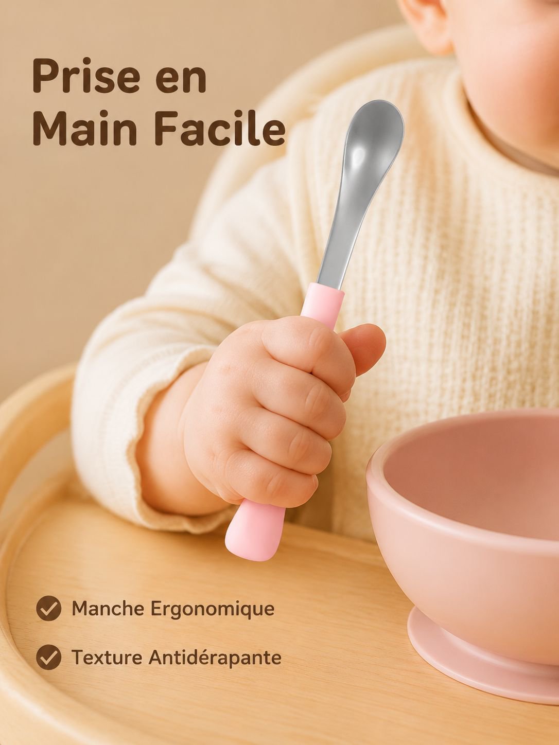 Cuillère en acier inoxydable pour bébé, embouts doux et durs, manches en silicone