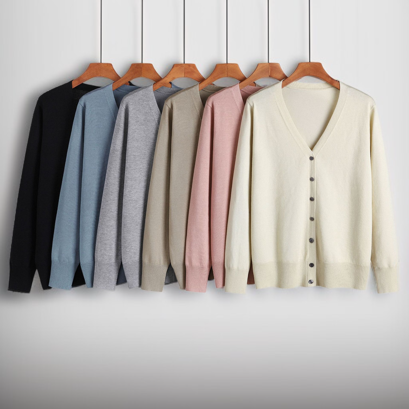 シンプル無地長袖ニットカーディガン、エレガントで合わせやすいレディースアウター