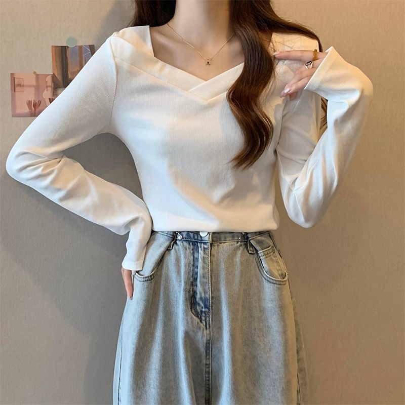 德絨V領打底衫女內搭設計感長袖T恤