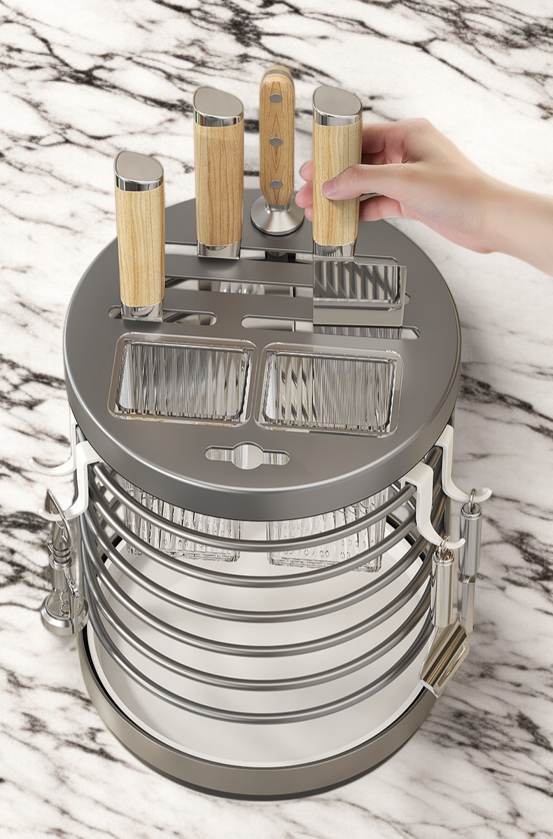 複数の包丁と箸を収納した鉄製ラック