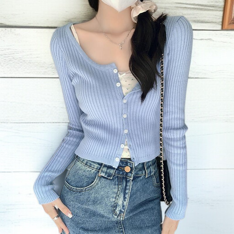 여성 쇼트 니트 카디건 소프트 슬림 아우터 긴팔 크롭 니트 카디건 발레 니트 카디건