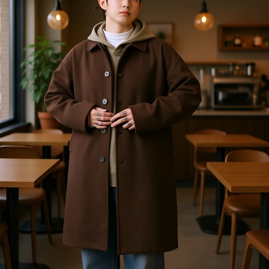 Férfi gyapjú szövet kabát, duplán hordható, hosszú, térdig érő, őszi-téli japán divat