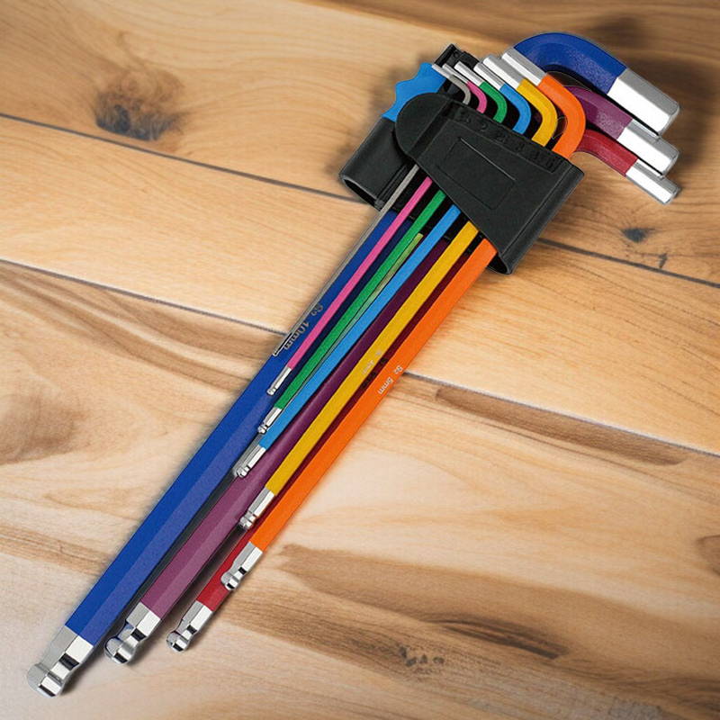 9-teiliges L-förmiges Ratschenringschlüssel- und Steckschlüsselset in bunten Farben