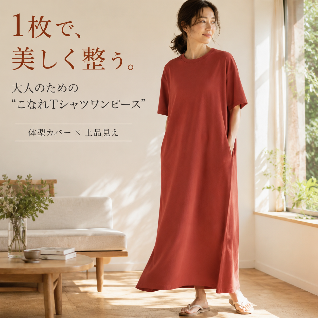 無地ラフスタイルTシャツワンピース ゆったり細見えおしゃれ半袖ドレス